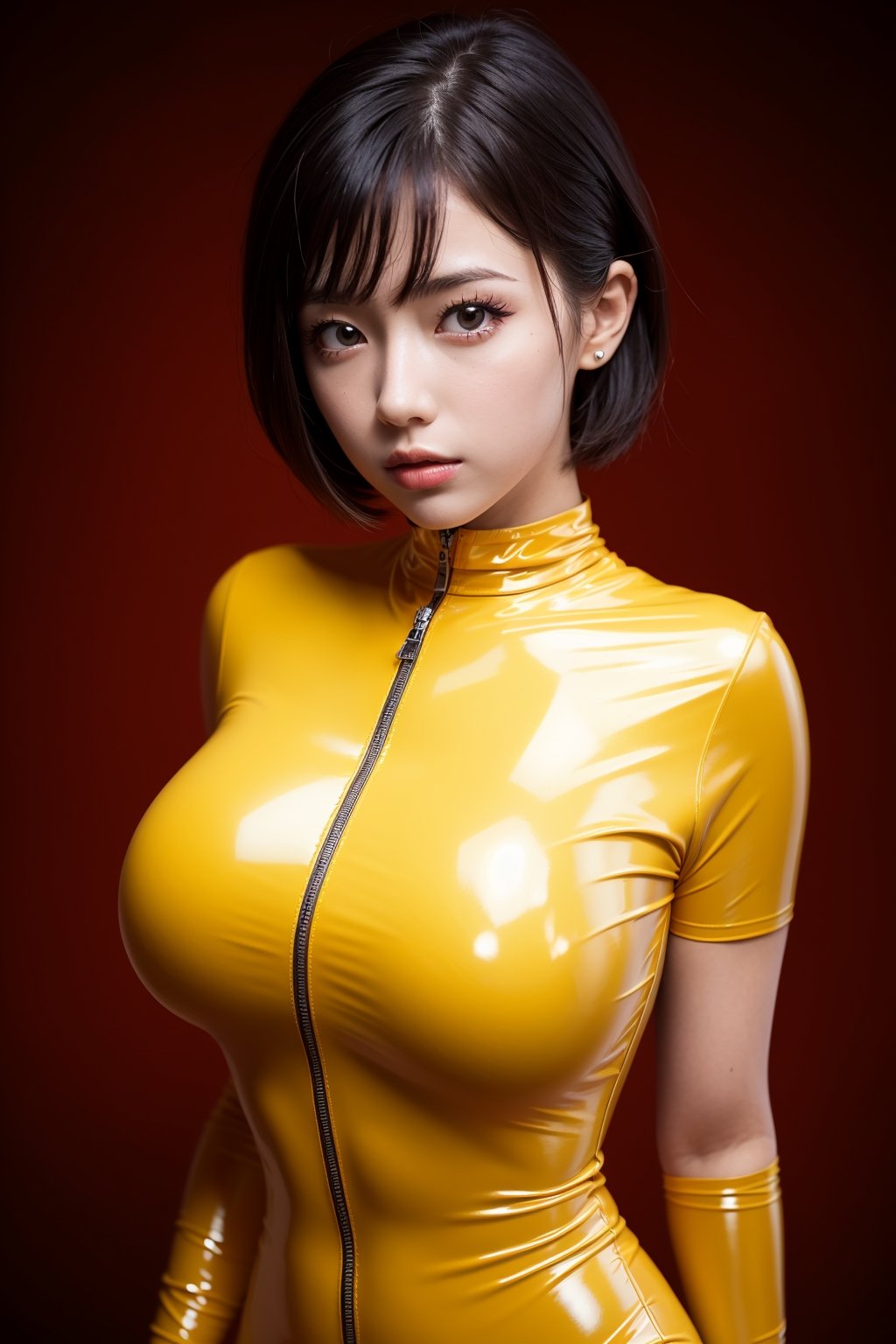 128k female models , huge breasts,  eyes, (random short hair style),  High resolution , Upper body, No background, Studio Lightning , 
(vermilion  random  costume  shiny latex  patterrned)
random angle