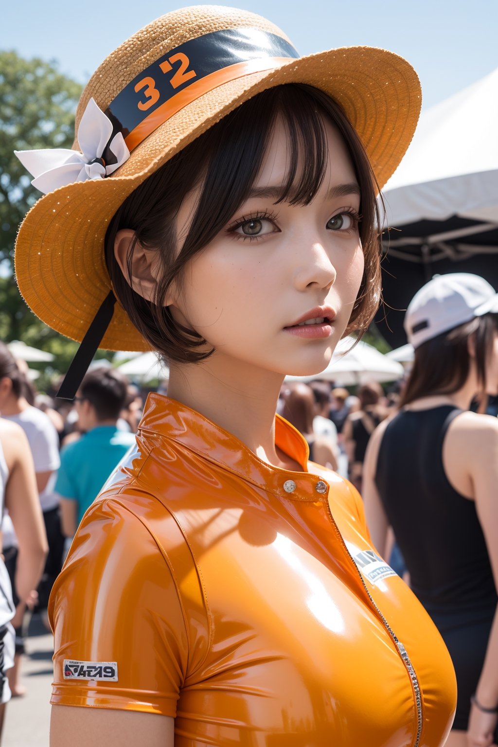 128k female models , huge breasts,  eyes, (random short hair style),  High resolution , Upper body, No background, Studio Lightning , 
(persimmon orange  random race queen costume hat shiny latex shirt patterrned)
random angle