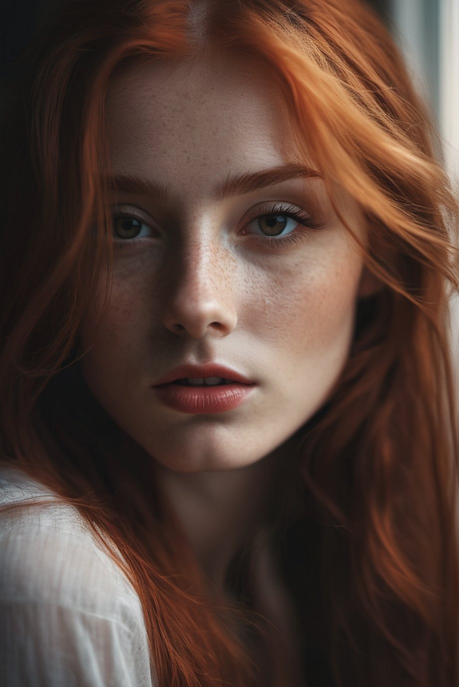 Close-up photo of a beautiful Irish girl, adorable face, red long layered hair, no makeup, realistic skin texture, low saturation, dark tone, inspired by Alessio Albi, f1. 4, 85mm lens, hyper realistic , lifelike texture, dramatic lighting, professional shot, heavy shadows, dynamic pose, innocent look