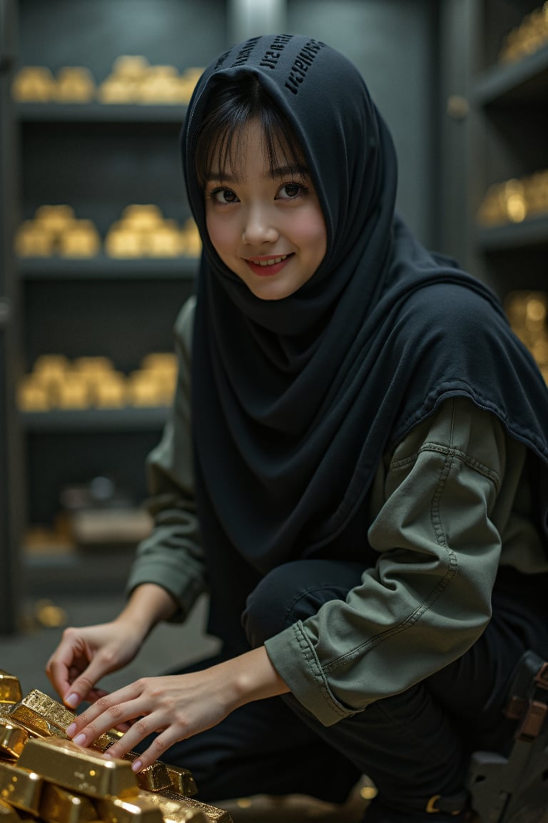 Subject: "Hidden Complexities Beneath the Veil"

Style: Photorealism, 8k, DOF(masterpiece, best quality, highres:1.3), ultra resolution image, 
1girl, most beautiful korean girl, Korean beauty model, idol face, gorgeous girl, an extremely cute and beautiful girl, highly detailed beautiful face and eyes, over sized eyes, big eyes, smiling, 18 year old gravure model, perfect body, looking at viewer,
Short hair, steely eyes, rugged face, plain shirt, worn jeans, sturdy boots, leather tool belt, calloused hands, pocket watch,
Crouching pose, tool in mouth, focused gaze, hands working, slight smirk,
Inside vault, piles of gold bars, metallic shelves, dim lighting, scattered tools.

Description: Visualize a stunning woman in a hijab, but beneath the surface, reveal intricate trypophobia patterns that are only noticeable upon closer inspection. Achieve a balance between beauty and unsettling complexity.