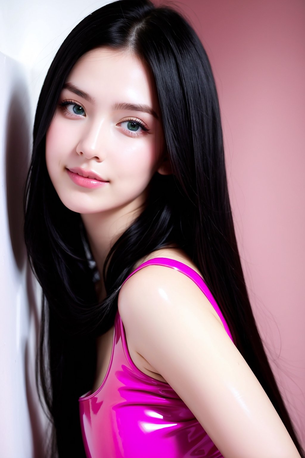 woman, beautiful face, perfect face, blue eyes fully black hair, pale white skin, little smile, sexy, perfect, face zoom in, close to face shoot fully white background wall, emerald, best quality, details, canon eos 80d photo, tall face, indoor, 

It is necessary to create a picture using the face of the uploaded picture of the girl ((latex pink))