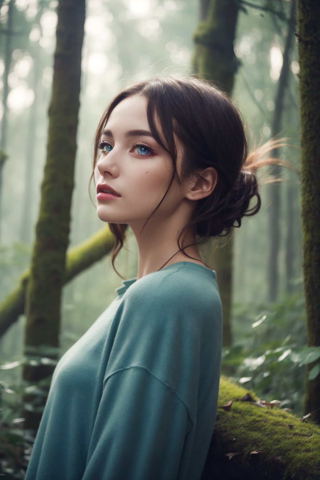 best quality, 4k, highres, masterpiece, ultra-detailed, realistic, highly detailed photo, fashion editorial, fashion photography, european girl in moss and fallen leaves, in rainy forest river, sharp focus, complex, highly detailed, cinematic, candid, true colors, blue eyes, creative, innocent, perfect, beautiful, elegant, intricate, confident, dynamic, volumetric lighting, cinematic angle, glamour vibrant,