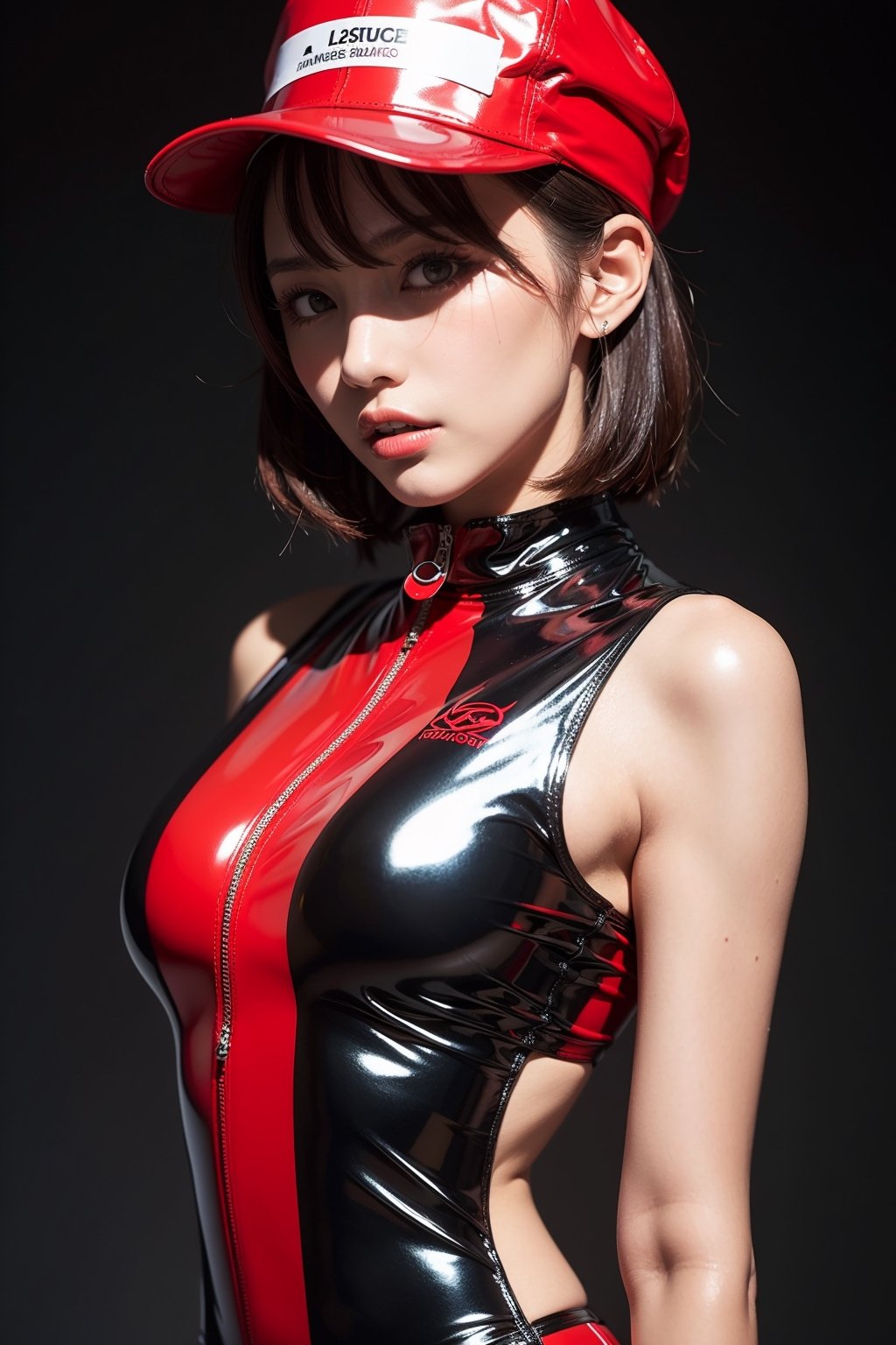 128k female models , mega breasts,  eyes, (random short hair style),  High resolution , Upper body, No background, Studio Lightning , 
(lacquer red  random race queen costume hat shiny latex shirt strip)
random angle