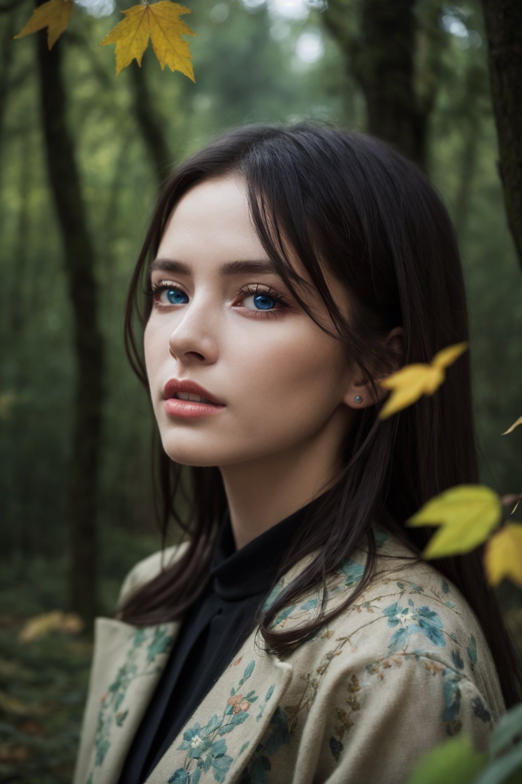 best quality, 4k, highres, masterpiece, ultra-detailed, realistic, highly detailed photo, fashion editorial, fashion photography, european girl in moss and fallen leaves, in rainy forest river, sharp focus, complex, highly detailed, cinematic, candid, true colors, blue eyes, creative, innocent, perfect, beautiful, elegant, intricate, confident, dynamic, volumetric lighting, cinematic angle, glamour vibrant,