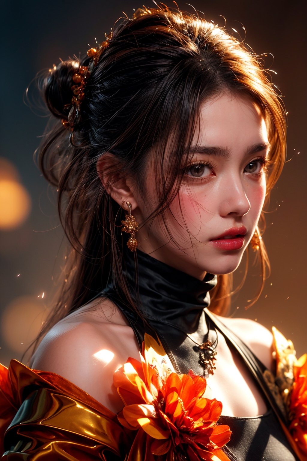 masterpiece,1 girl, very bright backlighting, solo, {beautiful and detailed eyes}, large breasts,dazzling moonlight, calm expression, natural and soft light, hair blown by the breeze, delicate facial features, Blunt bangs,long hair,beautiful korean girl, eye smile,looking at viewer, wearing a fashionable hanfu, hair ornament, earrings, realistic detailed skin texture, detailed hair, 20 yo, ((model pose)), Glamor body type, bare shoulder,(colorful hanfu),beautiful and detailed flowers on hair,shot in chinese palace,fanstic night,and a hint of the night cityscape in the background,(halfbody shot:1.3),(Masterpiece, Best Quality), Intricately Detailed, 8k, Art Station, Wallpaper, Official Art, Splash Art, Sharp Focus, 1 Girl, Brown Hair, (Fractal Art: 1.4), Colorful, Most Detailed, (Zentangle: 1.4 ), facing forward, (abstract background: 1.5), (many colors: 1.4), 1 woman, (bust shot), mature woman, beautifully tousled hair, bewitching, sexy, gentle smile, harmonious Vignette, Highly Detailed, Neon Lights, Highly Detailed, Digital Painting, Art Station, Concept Art, Sharp Focus, Background by Heri Irawan, Hyperrealistic, Photorealism, Beautiful Face, Enhanced Hands, 3D, shadows, diagonal lighting, octane rendering, dripping paint,celes chere 1girl, beautiful face, earrings, (portrait photoshot), wearing (orange turtleneck sweater:1.2) up to her chin, short dark hair, (simple plain background)(glamour:1.3) photo of a beautiful young girlfriend\(woman\) in her (preteens:1.3), 1girl, mid-parted hair, (blush:0.5), (goosebumps:0.5), subsurface scattering, detailed skin texture, textured skin, realistic dull skin noise, visible skin detail, skin fuzz, dry skin, perfect fingers, remarkable colors, BREAK wearing Vintage-inspired uniform with a fitted blouse, high-waisted pants, , BREAK RAW Photo, photorealistic, dynamic_background, soft bounced lighting, (upper body framing:1.3), (rule_of_thirds:1.3), Enhance,128k female models, Huge breasts, eyes, ((random super long style)), High resolution, Upper body,  Studio Lightning, satin ((8k,UHD,(photorealistic:1.2)Wearing a SHINY copper ORANGE  latex suit　