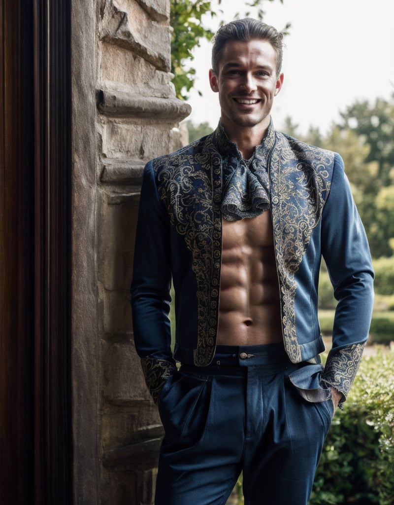 (Masterpiece, intricate details, Best Quality),photograph, 1man, extremely handsome, Shirtless:1.5, (Rococo suit jacket and pants, pastel blue, satin, lace, brocade, intricate):1.5, wearing a (lace cravat):1.5, (unbuttoned jacket wide open), (hairy chest):1.3, big nipples, hard nipples, 150MP, 80mm, soft natural light, Adobe Lightroom, photograph, six pack, abs, big muscle arms, big muscular pecs, narrow waist, one sided smile, sexy, very broad shoulders, Rococo period, Manicured rose garden formal garden background, Sexy Muscular, extremely detailed, intricate, pastel shades, anatomically_correct,Sexy Muscular,Game of Thrones,Germany Male, photographic, 8K, full body, (Shirtless under jacket)1.5, by Jean-Honoré Fragonard, by annie leibovitz, sharp focus, Rococo period, sharp focus
,outfit