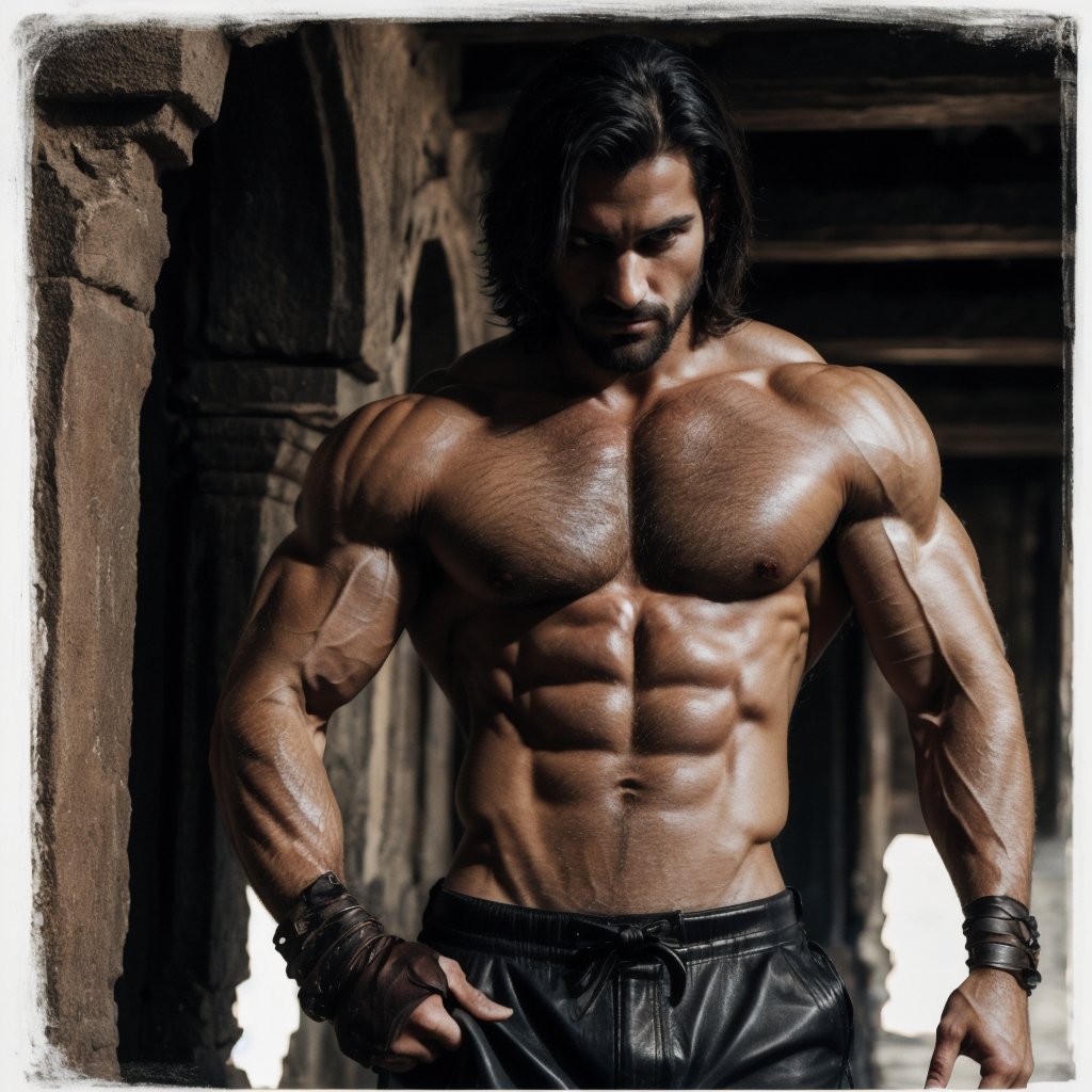 (CharacterSheet:1.2), (Masterpiece, intricate details, Best Quality),photograph, 1man, extremely handsome, very muscular, (Prince of Persia):1.4 Arabian:1.4, standing in a foreboding environment filled with (ancient, weathered dark stone ruins):1.5. (two intricate Arabian swords in his hands):1.5, his body angled in readiness and grace. His ((long shoulder-length dark brown hair):1.5 frames a determined face), and his muscular bare chest emphasizes his physical strength. He wears (dark brown soft leather pants):1.3, and a ((red:1.6 sash around his waist):1.5, with long tattered ends blowing in the wind):1.8. (Faded black/brown worn leather boots):1.3 and (brown leather bracers with metal insets):1.4 complete his attire. His stance exudes strength, agility, and anticipation, and the wind adds motion to the scene. The (background is filled with shadowy corridors with eerie torchlight):1.6, all bathed in a surreal and otherworldly glow. Shirtless:1.5, big nipples, hard nipples, (hairy chest):1.3, (short beard):1.3, 150MP, 80mm, soft natural light, Adobe Lightroom, photograph, six pack, abs, big muscle arms, big muscular pecs, narrow waist, perfect teeth, sexy, (very broad shoulders):1.3, Sexy Muscular, extremely detailed, intricate, anatomically_correct, (full_body(front_view, back_view),uper_body(front_view, left_view, right_view)),(white background, simple background:1.2), Sexy Muscular,Dark king,Green mist,Green Crown,Lost souls,Sword (full body):1.5