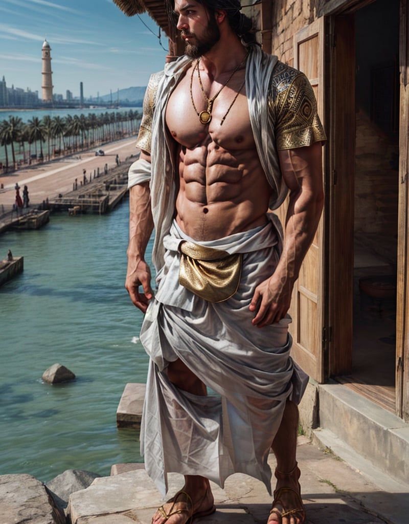 (Masterpiece, intricate details, Best Quality), 8K masterpiece, photograph, shirtless Indian man, extremely handsome, full beard, big nipples, Taj Mahal background, muscular physique, deep golds, rich blacks, (intricate Indian patterns):1.5, (gold sash):1.5, (traditional dhoti):1.5, (traditional sandals):1.5, ornate gold Indian necklaces, regal stance, towering Taj Mahal, clear blue sky, soft natural light, full body, (Indian architectural marvel in the distance):1.3, anatomically correct, realistic skin, photographic, (best quality):1.5, big nipples, hard nipples, 150MP, 80mm, soft natural light, Adobe Lightroom, photograph, six pack, abs, big muscle arms, big muscular pecs, narrow waist, one sided smile, sexy, very broad shoulders, extremely detailed, intricate, anatomically_correct,Sexy Muscular