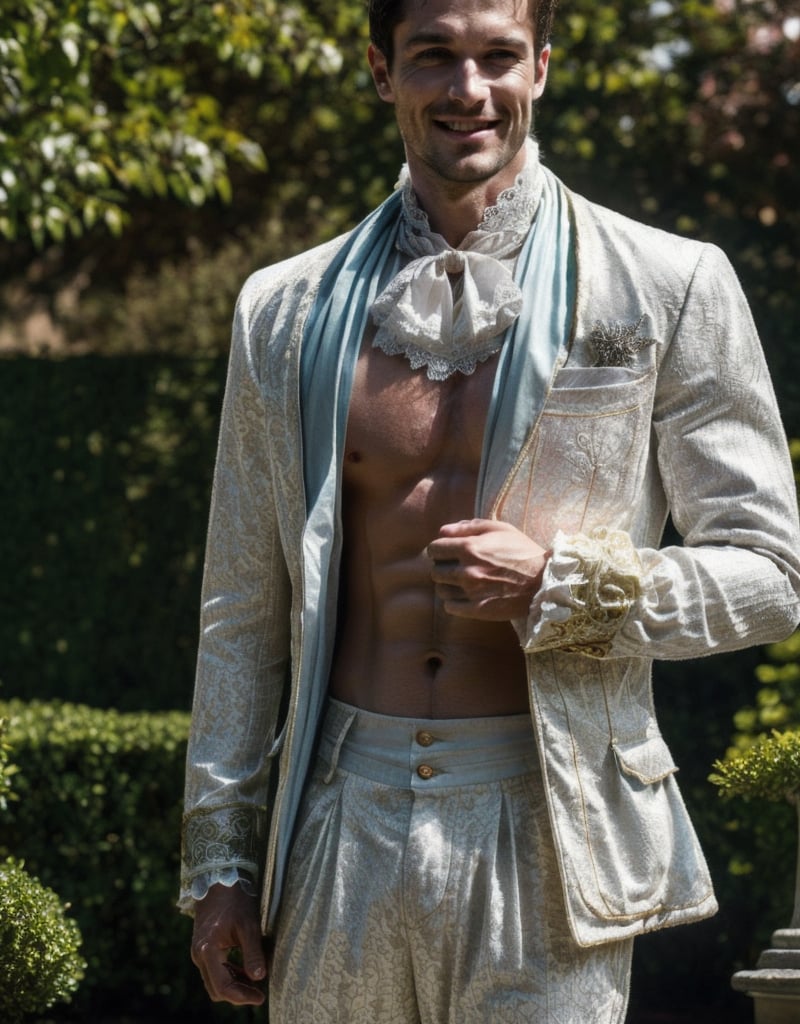 (Masterpiece, intricate details, Best Quality),photograph, 1man, extremely handsome, Shirtless:1.5, (Rococo suit jacket and pants, pastel blue, satin, lace, brocade, intricate):1.5, wearing a (lace cravat):1.5, (unbuttoned jacket wide open), (hairy chest):1.3, big nipples, hard nipples, 150MP, 80mm, soft natural light, Adobe Lightroom, photograph, six pack, abs, big muscle arms, big muscular pecs, narrow waist, one sided smile, sexy, very broad shoulders, Rococo period, Manicured rose garden formal garden background, Sexy Muscular, extremely detailed, intricate, pastel shades, anatomically_correct,Sexy Muscular,Game of Thrones,Germany Male, photographic, 8K, full body, (Shirtless under jacket)1.5, by Jean-Honoré Fragonard, by annie leibovitz, sharp focus, Rococo period, sharp focus, outfit, photography