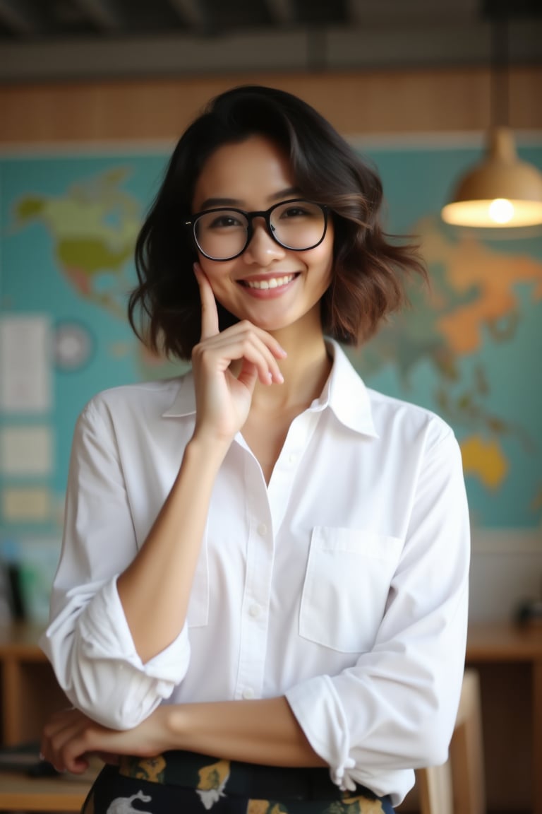 school Setting: Inside a cozy, modern classroom in Singapore 

Appearance: beautiful sexy young indonesian girl teacher, wearing casual teacher's button-up white shirt, rolled-up sleeves 

Features: wavy medium short hair, wearing black thick square glasses, warm smile, rugged, portrait, approachable charm 

Mood: Friendly, laid-back, effortless style