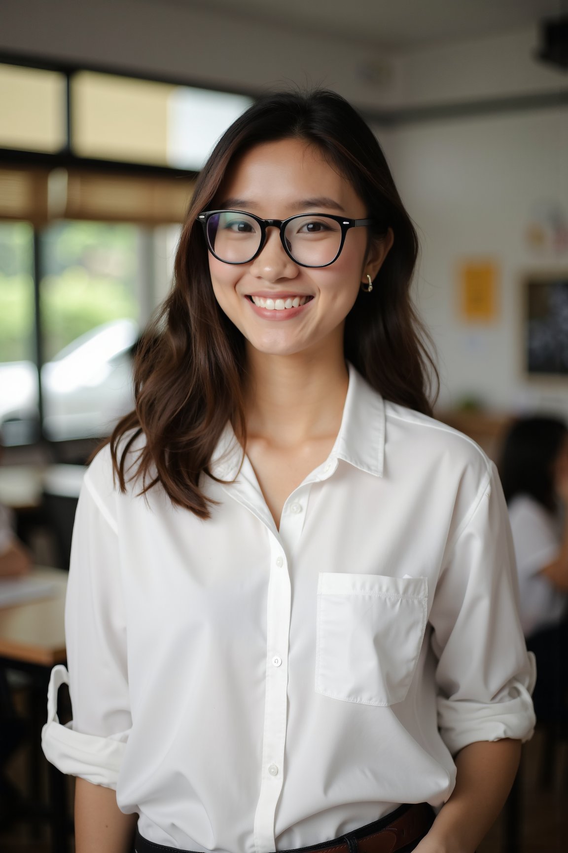 school Setting: Inside a cozy, modern classroom in Singapore 

Appearance: beautiful sexy young indonesian girl teacher, wearing casual teacher's button-up white shirt, rolled-up sleeves 

Features: wavy (short:0.5) hair, wearing black thick square glasses, warm smile, rugged, portrait, approachable charm 

Mood: Friendly, laid-back, effortless style