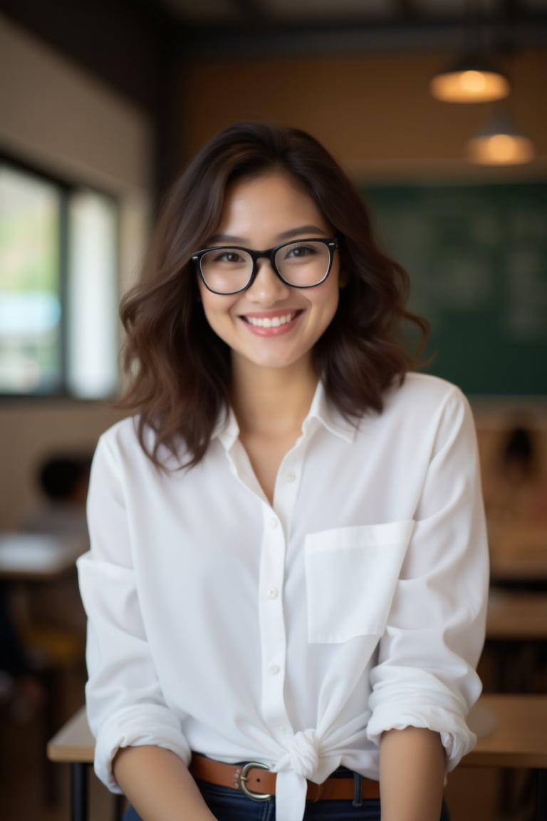 school Setting: Inside a cozy, modern classroom in Singapore 

Appearance: beautiful sexy young indonesian girl teacher, wearing casual teacher's button-up white shirt, rolled-up sleeves 

Features: wavy medium hair, wearing black thick square glasses, warm smile, rugged, portrait, approachable charm 

Mood: Friendly, laid-back, effortless style