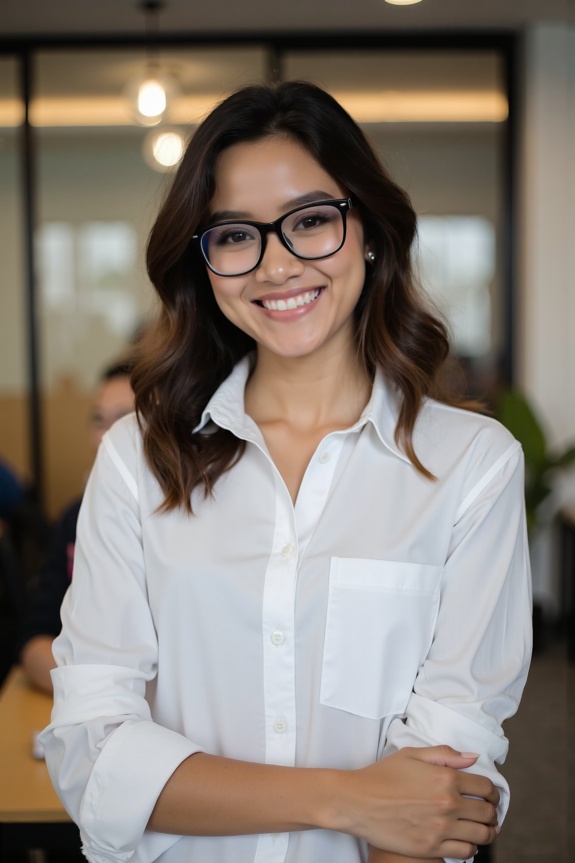 school Setting: Inside a cozy, modern classroom in Singapore 

Appearance: beautiful sexy young indonesian girl teacher, wearing casual teacher's button-up white shirt, rolled-up sleeves 

Features: wavy (short:0.5) hair, wearing black thick square glasses, warm smile, rugged, portrait, approachable charm 

Mood: Friendly, laid-back, effortless style