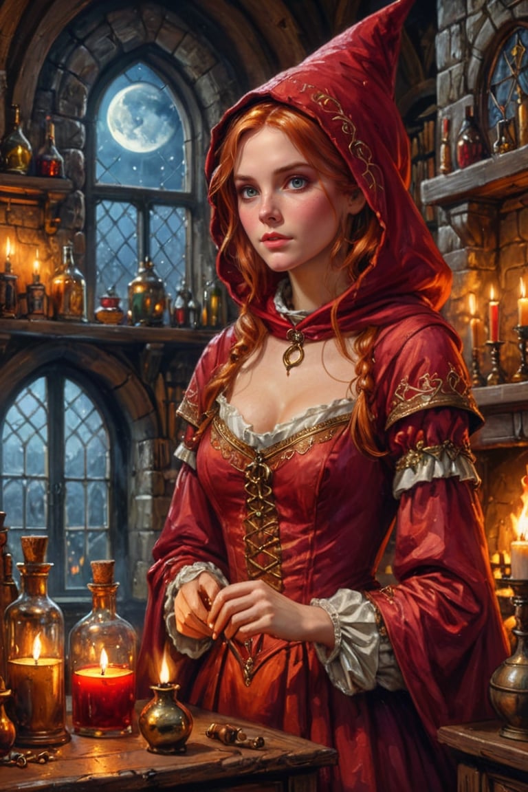 Photorealistic, Award Winning, Ultra Realistic, 8k, of a 20 years old good sweet witch preparing potions in her study. She has red copper hair and wears a medieval high-necked red dress with (hood:1.4) and tippet, richly silver embroidered. Medieval atmosphere. On background we see one stained glasses window moon lighting an old castle room, (some bright colored potion ampoules) on the shelves and a big (fireplace:1.4) lighting the room with a dark golden light. Masterpiece, ultra highly detailed, Dynamic Poses, Alluring, Amazing, Excellent, Detailed Face, Beautiful Symmetric Eyes, Heavenly, Very Refined, digital painting, art_booster