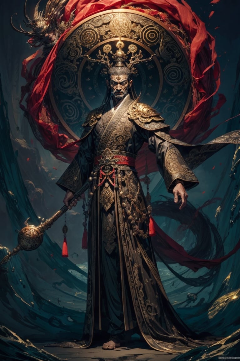 Full body shot of a character standing in majestic pose, realistic representation of a fantasy chinese god, with the most sumptuous wedding hanfu suit made of black silk and richly embroidered with gold and silver threads, intricately carved golden badges and tassels. Under the sea background, magic circles. Art by Yoshitaka Amano, Huang Guangjian, Zhong Fenghua, stunning interpretive visual, gothic regal, colorful, realistic eyes, dreamy magical atmosphere, (film grain), (warm hue, warm tone), cinematic light, side lightings,zhongfenghua,gu,weapon