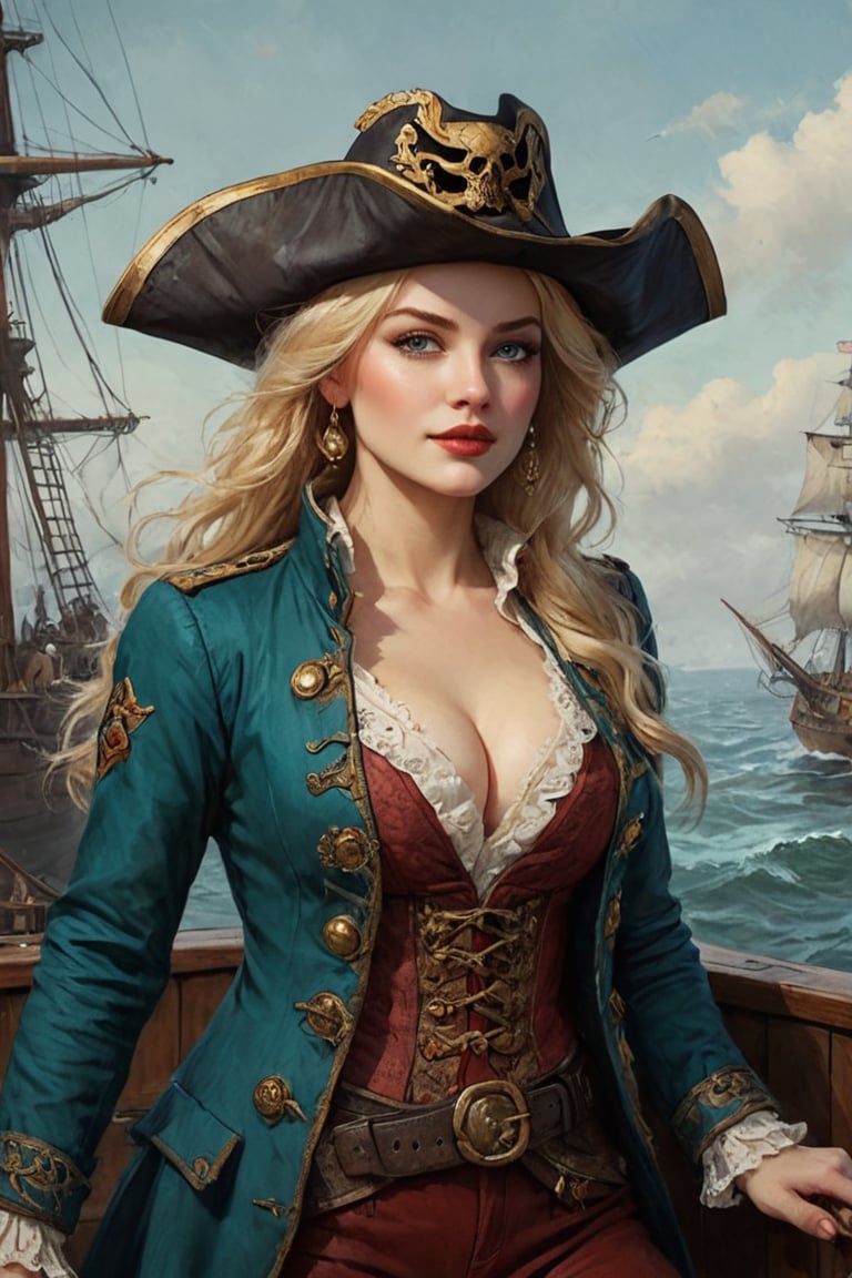 Oil painting of a very beautiful pirate captain  manga blonde girl, perfect detailed eyes, perfect detailed nose, perfect detailed lips. She wears a teal velvet long jacket with golden buttons, shirt adorned with lace, dark red leather trousers, Intricately detailed accessories and pirate hat. She is on the deck of her ship and cheers her crew on to fight during the battle. Dynamic pose. Masterpiece, vibrant colors, warm light, eerie detail perfection, absurdres detail, realistic illustration, extremely detailed, intricately sharp details, sharp focus, chaotic (ships battle scenario:1.3), ships on background 