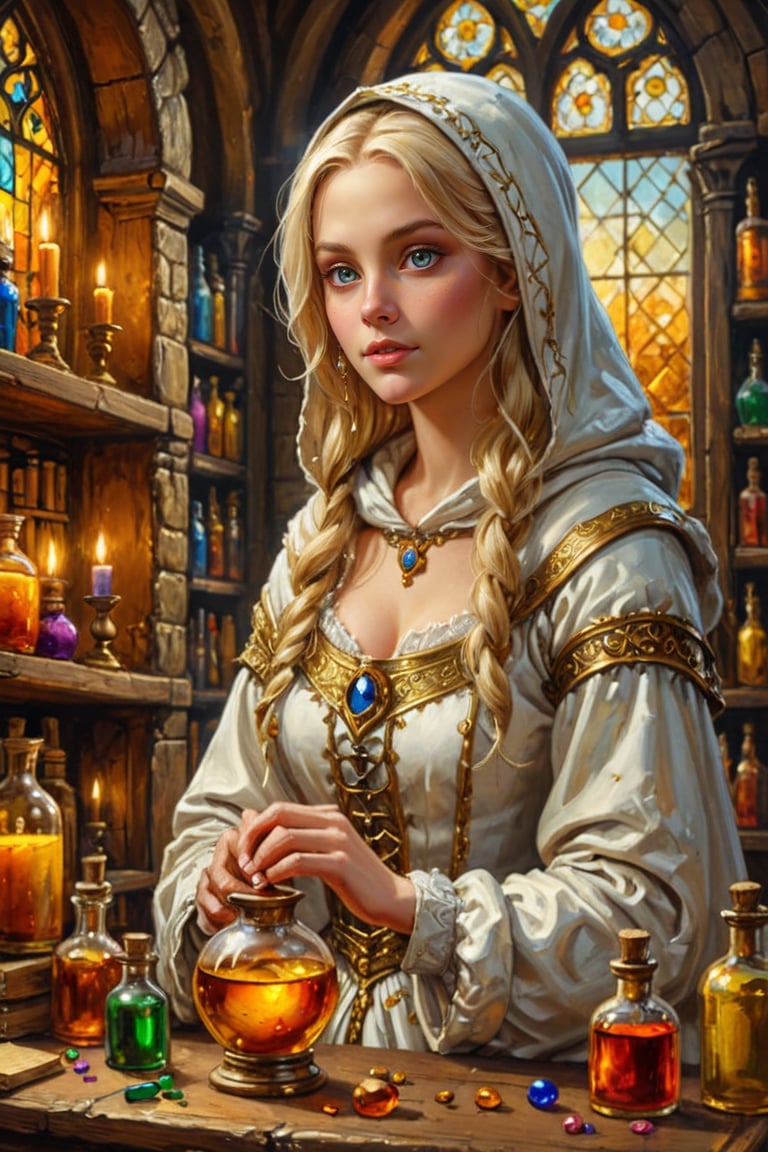 Photorealistic, Award Winning, Ultra Realistic, 8k, of a very light-skinned 25 years old good sweet girl preparing potions in her study. She has blonde hair and wears a medieval white dress with hood and tippet, richly silver embroidered. Medieval atmosphere. Golden line, liquid gold. On background we see one yellow and orange stained glasses window lighting an old castle room, (many bright colored potion ampoules) on the shelves. Masterpiece, ultra highly detailed, Dynamic Poses, Alluring, Amazing, Excellent, Detailed Face, Beautiful Symmetric Eyes, Heavenly, Very Refined, dark golden light,digital painting,crystalz,Decora_SWstyle,art_booster