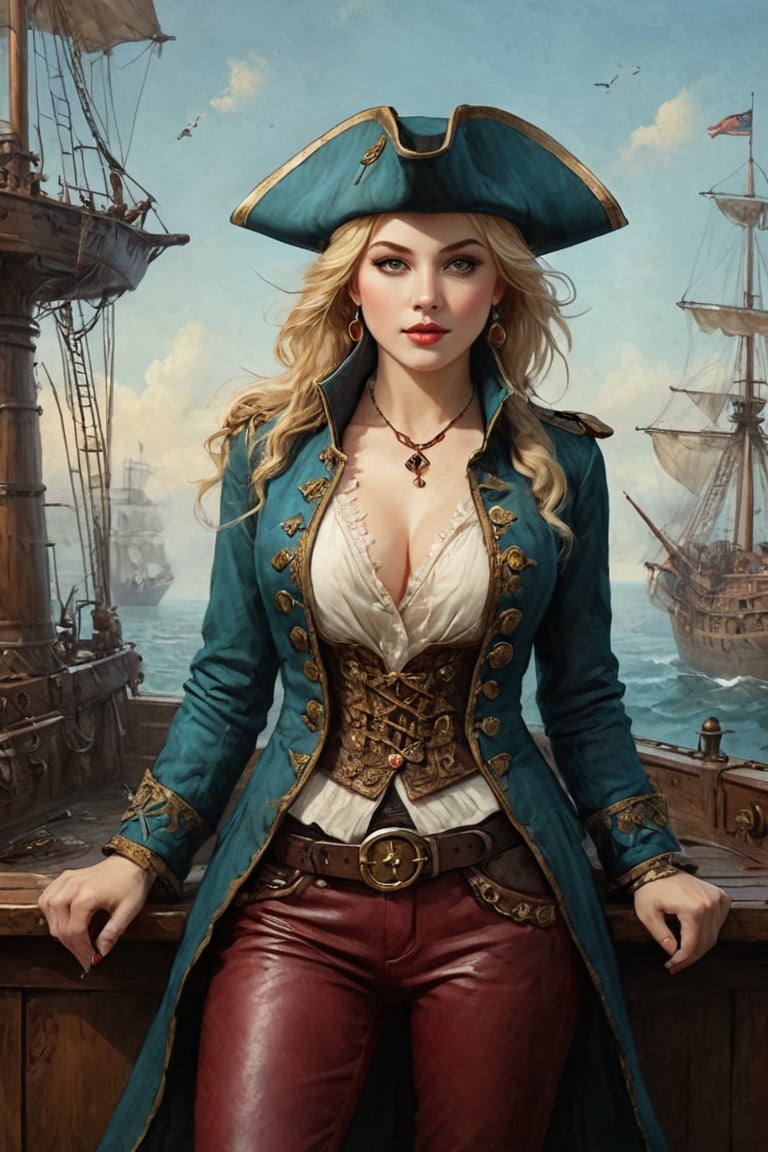 Oil painting of a very beautiful pirate captain  manga blonde girl, perfect detailed eyes, perfect detailed nose, perfect detailed lips. She wears a teal velvet long jacket with golden buttons, shirt adorned with lace, dark red leather trousers, Intricately detailed accessories and pirate hat. She is on the deck of her ship and cheers her crew on to fight during the battle. Dynamic pose. Masterpiece, vibrant colors, warm light, eerie detail perfection, absurdres detail, realistic illustration, extremely detailed, intricately sharp details, sharp focus, chaotic (ships battle scenario:1.3), ships on background 