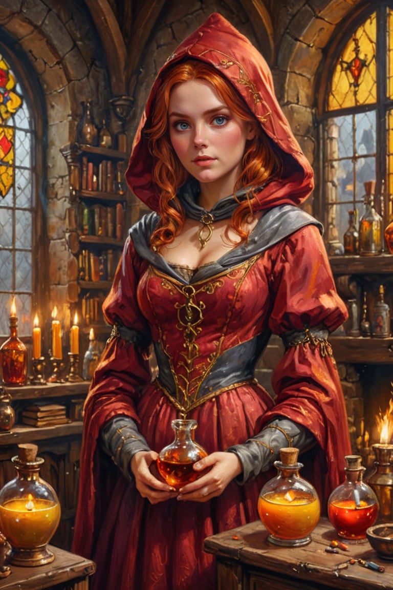 Photorealistic, Award Winning, Ultra Realistic, 8k, of a 20 years old good sweet witch preparing potions in her study. She has red copper hair and wears a medieval high-necked red dress with (hood:1.4) and tippet, richly silver embroidered. Medieval atmosphere. On background we see one yellow and orange stained glasses window lighting an old castle room, (some bright colored potion ampoules) on the shelves and a big (fireplace:1.4). Masterpiece, ultra highly detailed, Dynamic Poses, Alluring, Amazing, Excellent, Detailed Face, Beautiful Symmetric Eyes, Heavenly, Very Refined, dark golden light,digital painting,art_booster