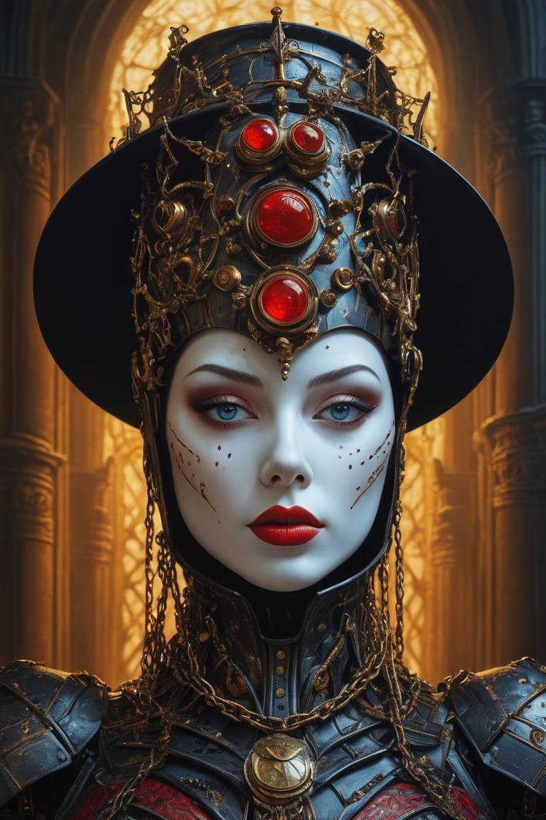 3D artwork, upper body of a caracter represesenting a mighty harlequin female robot with a surreal white mask, (surrealistic big stylized plastic hat in the style of Michael Cheval), mantle, bolts and iron chains. (Majestic pose:1.4), (hieratic expression:1.6), emerging from the darkness in the style of Caravaggio. Red, yellow, (teal:0.7), forming perfect ornamental stripes patterns on a (rusted:0.9) armor. Matte surfaces. Side light, UHD, high resolution, 8k, black gothic cathedral interior background, warm golden light 