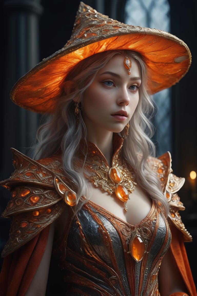 3D artwork, upper body shot represesenting a mighty female young caracter. High elven hat shaped as an orange seashell, mantle, shining gold jewels and silver chains. (Majestic pose:1.4), (hieratic expression:1.6), emerging from the darkness in the style of Rembrandt. The caracter wears a white, red and orange large luxury dress. The character is illuminated from the side by a dark golden light. Marine vibes. Vibrant colors. The background is a black gothic cathedral interior dimly lit by moonlight. UHD, high resolution, 8k.