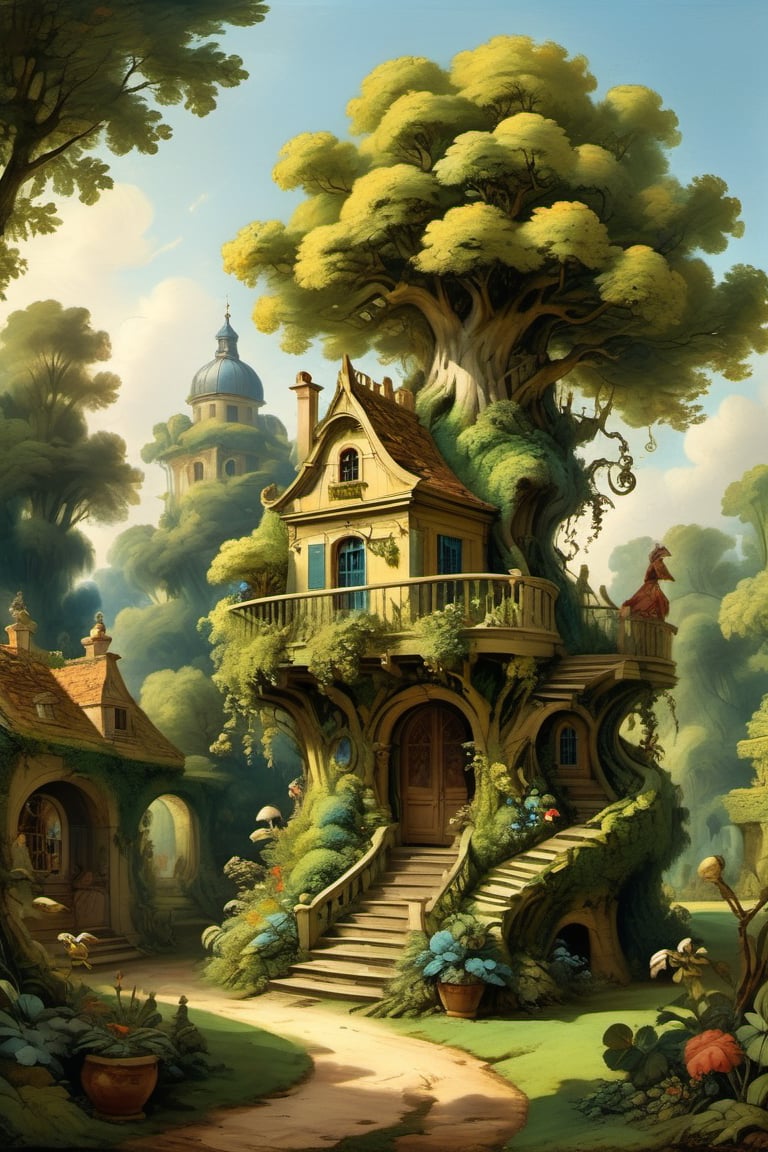 A mystical greenery garden with a treehouse in the center, masterful whimsical topiary sculptures, baroque style vases, flowers, esotic birds, (multiple fantastic spirals of branches and leaves:1.9), dreamy atmosphere, golden vibes, romantic landscape. Masterpiece, rococo style, painted by Jean-Honoré Fragonard and Jan Bruegel