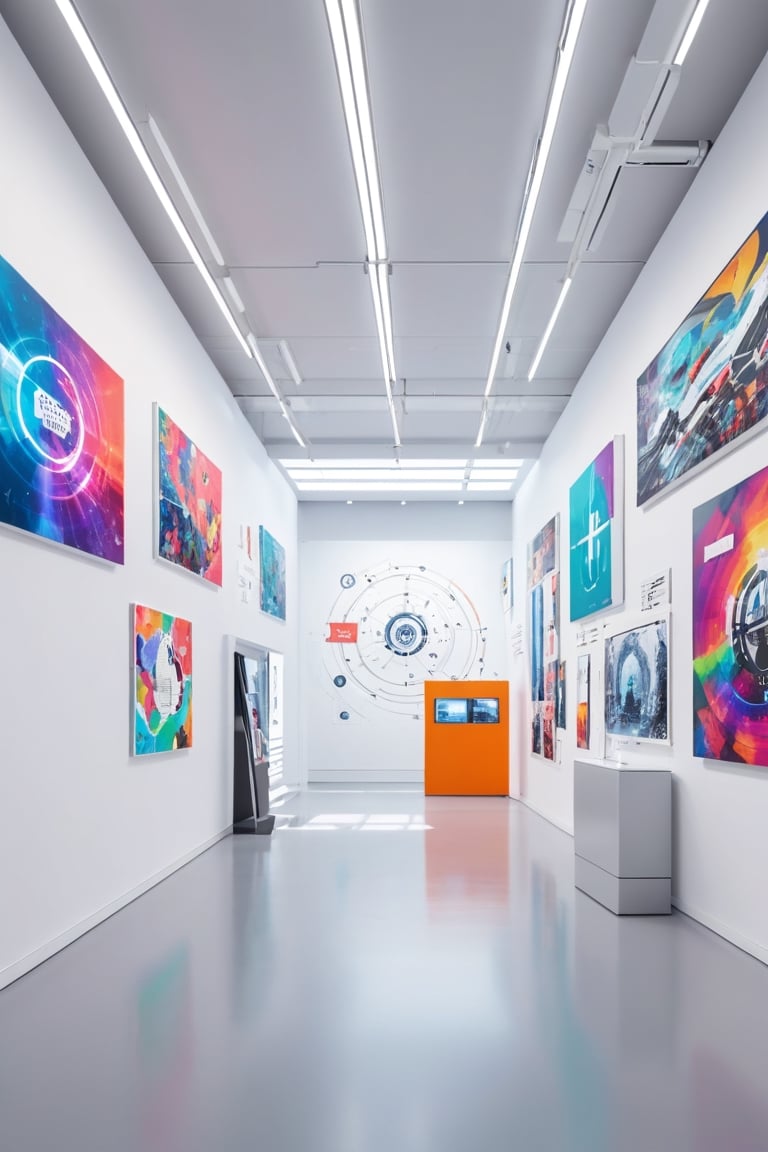 Wide view of a futuristic colorful museal room with some artworks representing graphics and concept maps displayed on the white walls. Futuristic museum. Bright colors, close shot, artint, real_booster, art_booster