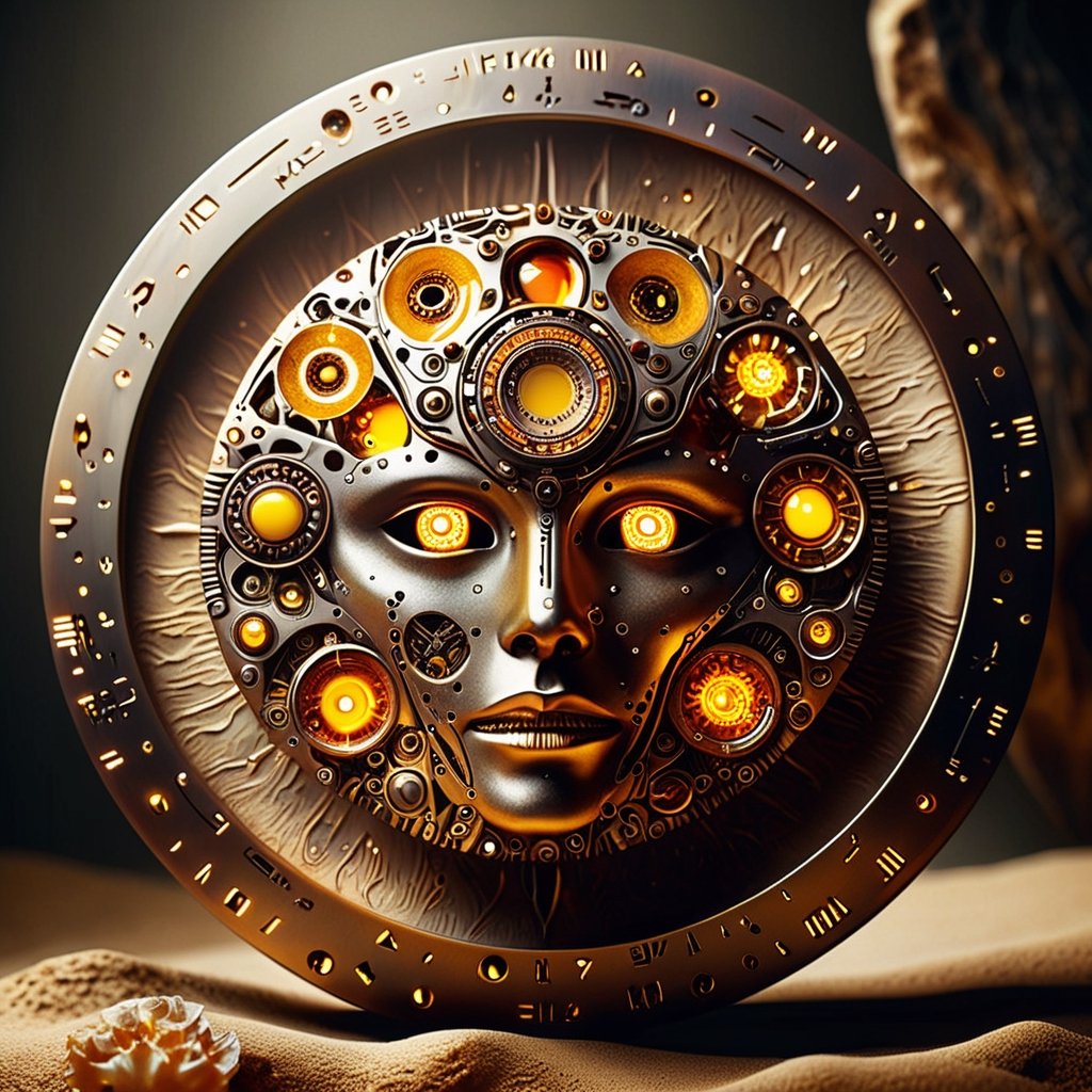 A full shot frontal view of a mysterious (semi-fossilized:1.4) tecnological object coming from a lost civilization of an ancient past. It is a disc with a fractal mechanical look, studded with electronic devices made of amber, filled with the most intricate and sophisticated mechanisms ever seen. At the center of the disc is an amber jewel resembling a stylized and minimalist human face similar to a Venetian mask. Extremely intricate details, obsessive detail precision. The disk exudes a mystical aura and is located in a mysterious large sandy cave in the desert. Centered in the scene, masterpiece ,DonM0ccul7Ru57XL