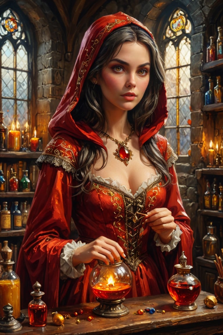 Photorealistic, Award Winning, Ultra Realistic, 8k, of a 20 years old good sweet witch preparing potions in her study. She has dark hair and wears a medieval red dress with hood and tippet, richly silver embroidered. Medieval atmosphere. On background we see one yellow and orange stained glasses window lighting an old castle room, (many bright colored potion ampoules:1.4) on the shelves. Masterpiece, ultra highly detailed, Dynamic Poses, Alluring, Amazing, Excellent, Detailed Face, Beautiful Symmetric Eyes, Heavenly, Very Refined, dark golden light,digital painting