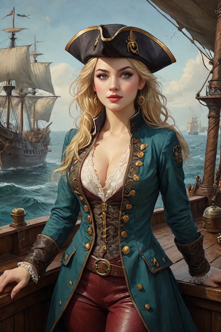 Oil painting of a very beautiful pirate captain  manga blonde girl, perfect detailed eyes, perfect detailed nose, perfect detailed lips. She wears a teal velvet long jacket with golden buttons, shirt adorned with lace, dark red leather trousers, Intricately detailed accessories and pirate hat. She is on the deck of her ship and cheers her crew on to fight during the battle. Dynamic pose. Masterpiece, vibrant colors, warm light, eerie detail perfection, absurdres detail, realistic illustration, extremely detailed, intricately sharp details, sharp focus, chaotic (ships battle scenario:1.3), ships on background 