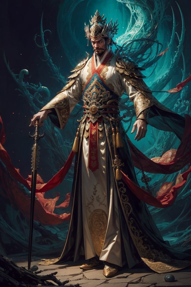 Full body shot of a character standing in majestic pose, realistic representation of a fantasy chinese empress, with the most sumptuous wedding hanfu dress made of white silk and richly embroidered with gold and silver threads, intricately carved golden badges and tassels. Underwater background, magic circles. Art by Yoshitaka Amano, Huang Guangjian, Zhong Fenghua, stunning interpretive visual, gothic regal, colorful, realistic eyes, dreamy magical atmosphere, (film grain), (warm hue, warm tone), cinematic light, side lightings,zhongfenghua,gu,weapon