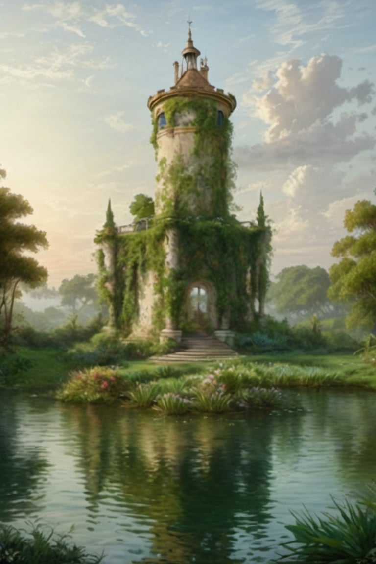 A fantastic greenery ancient garden with a pond in the center and a small French castle style tower in the center of the pond. A masterpiece painted by Claude Lorrain and Jean-Honoré Fragonard, highly detailed leaves, (surreal:1.4) atmosphere, romantic landscape,island