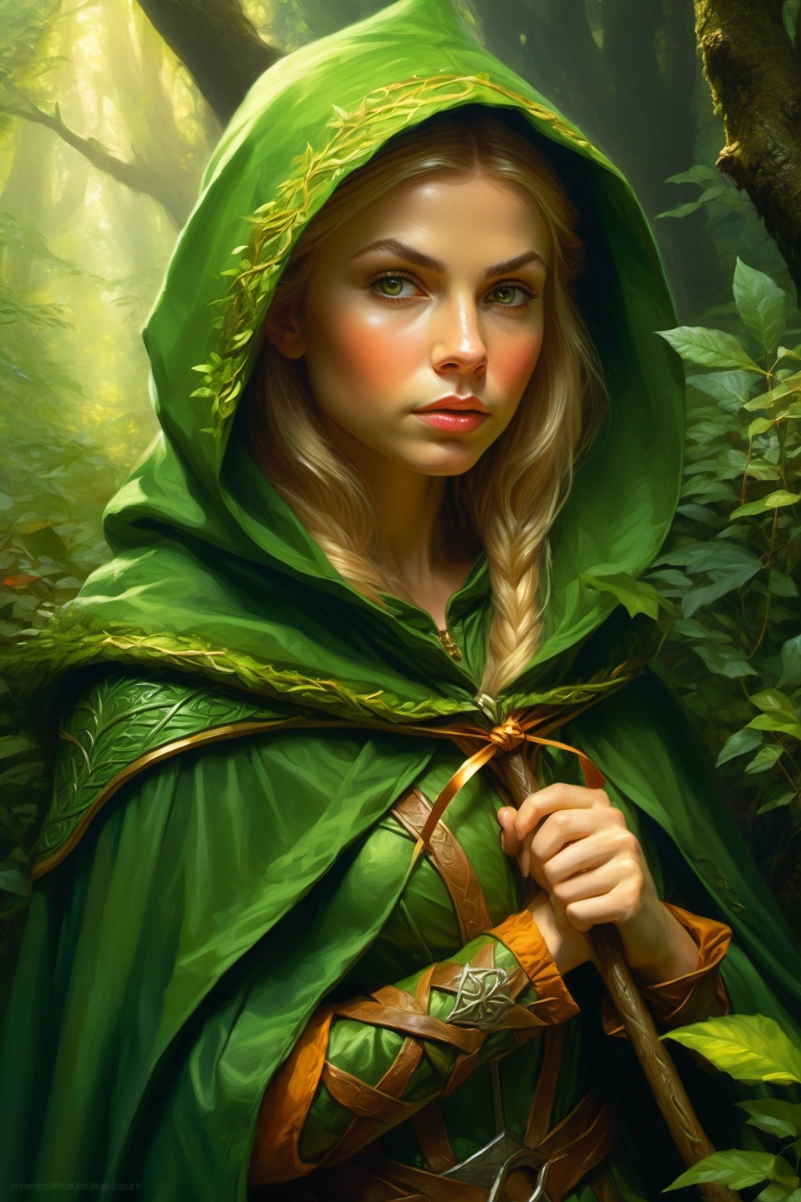 Fantasy elf girl hunting in the forest, she has a furtive attitude huddled behind a bush, she wears a green hood and cloak, she is holding a bow, perfect cute face, fairy atmosphere, highly detailed, dramatic lighting. Digital painting, masterpiece, maximalist, approacing to perfection, style by Greg Rutkowski