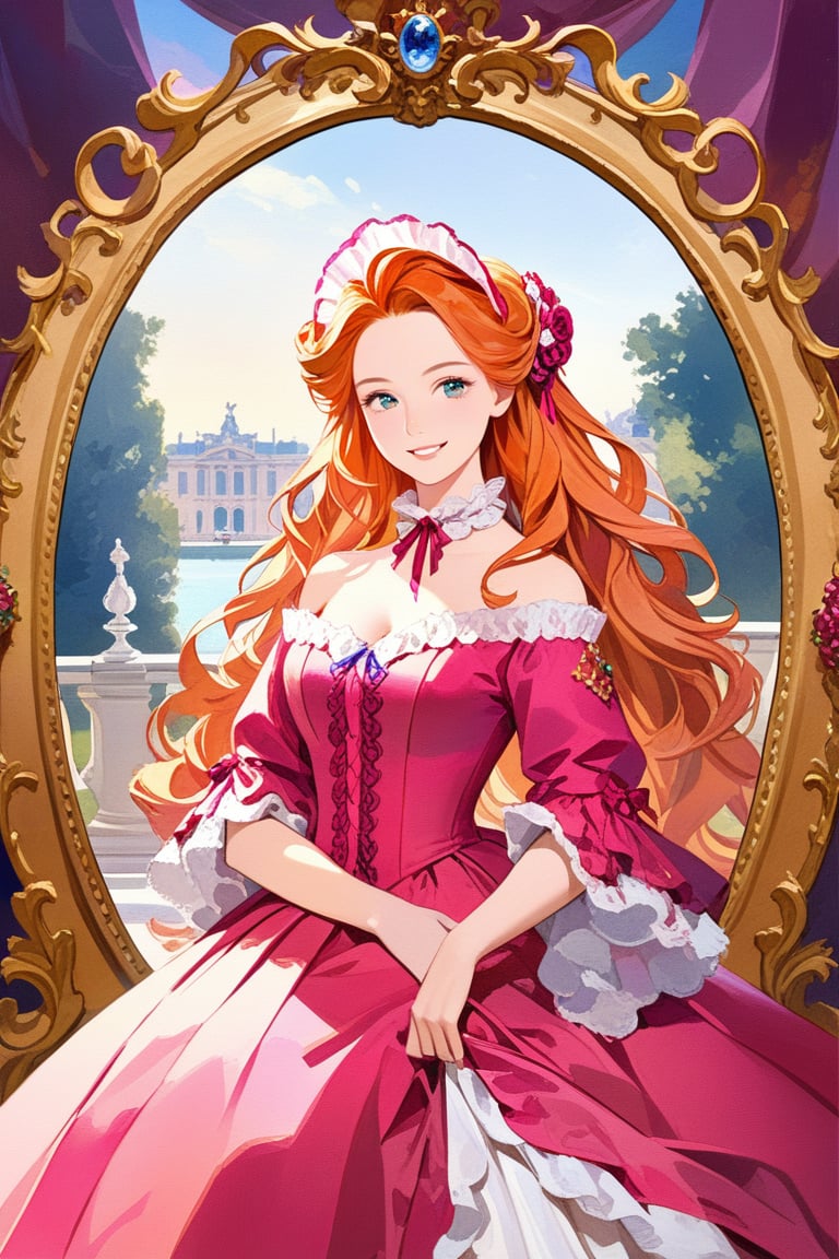 Very beautiful girl wearing a sumptuous fuchsia and sealmon dress, illustration, detailed, realistic, UHD, beautiful detailed eyes, beautiful detailed, orange hair, warmly smile, she is showing a painting of hers, Versailles background. Rococo oil paint