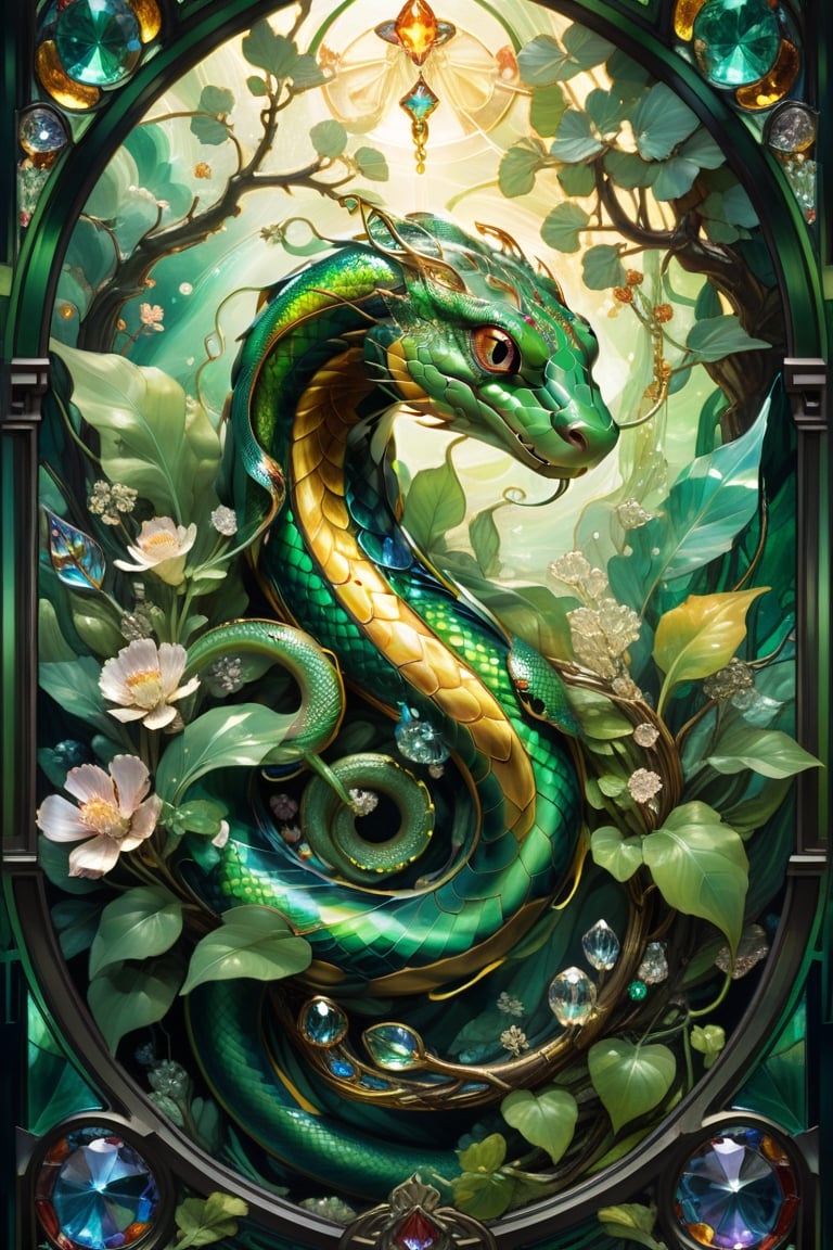 Green chinese Lung snake, magical fantasy art is done in oil paint and liquid chrome, liquid rainbow, golden line, best quality,  fairytale, patchwork, (stained glass:1.2), storybook detailed illustration, cinematic, ultra highly detailed, tiny details, beautiful details, mystical, luminism, vibrant colors, complex background, resolution hyperdetailed intricate liminal eerie precisionism, intricate background, (dark luminescent:1.2) art by Alphonse Mucha,  Alan Lee, crystalz,shards,glass,crystalz