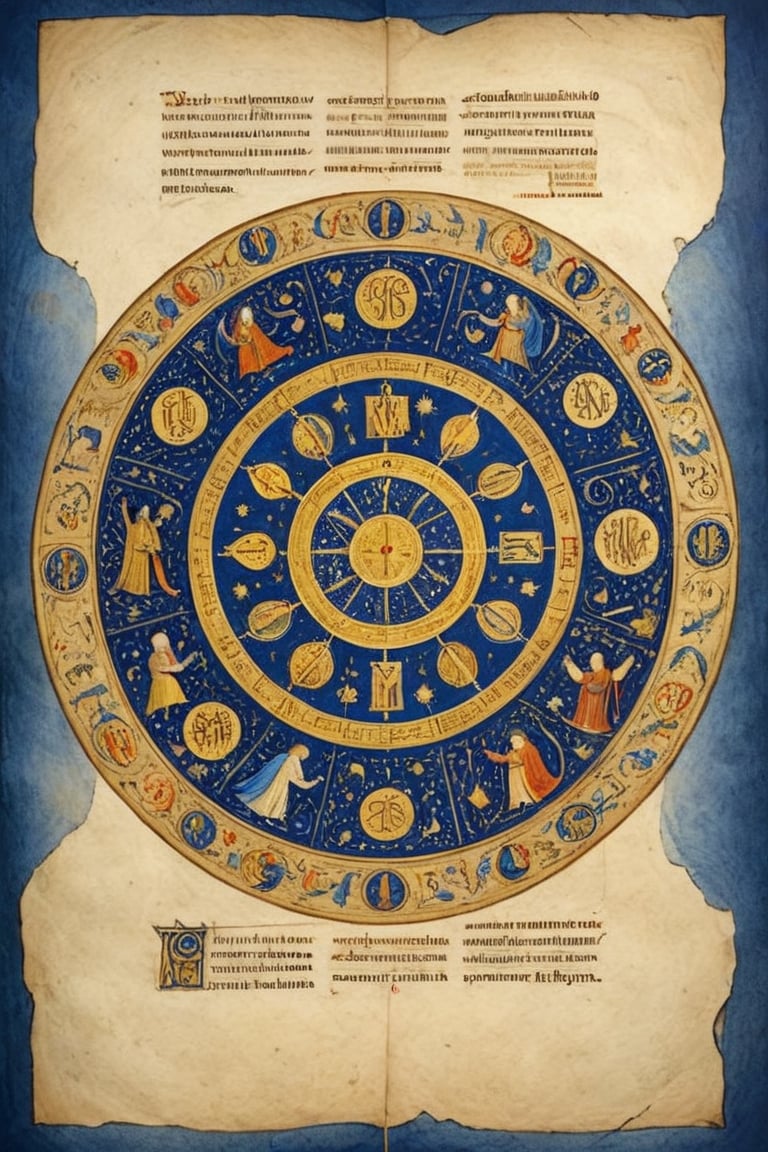 Round parchment page, (Full-page illustration with a blue background of an ancient illuminated codex:1.3), round arrangement, ink drawing with golden leaf and liquid gold insertions on parchment, art on a cracked paper of a wonderful (medieval castle in Italy:1.4),  14th century,  (golden ratio:1.3),  (medieval architecture:1.3), (mullioned windows:1.3), (brick wall:1.1),  (towers with merlons:1.2),  (set on top of a hill overlooking a valley:1.2),  beautiful blue sky (aerial view:1.2), (round zodiac:1.2), vignette,  highest quality. Masterpiece of a museum of art, in the style of Limbourg brothers,  award winning,  detailed and intricate,  masterpiece,  itacstl, real_booster, itacstl, on parchment, art_booster,