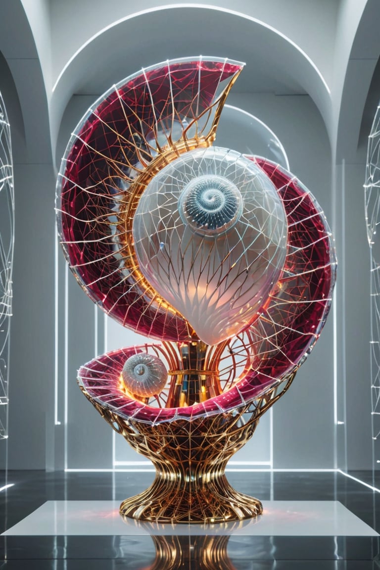 Front view of a museal sculpture displayed on a futuristic pedestal in the white room inside a futuristic museum. BREAK The artwork is an amazing and captivating glass abstract sculpture, with a sea nautilus shell, decorated with small rubies, (kinetic elements:1.4), glow, spark. Golden theme. Abstract fractal AI generated shape, sharp details, intricate and thick golden wireframes. Highest quality, detailed and intricate, original artwork, trendy, award-winning, artint, noc-wfhlgr, art_booster. BREAK wide shot, sharp focus, bright white room