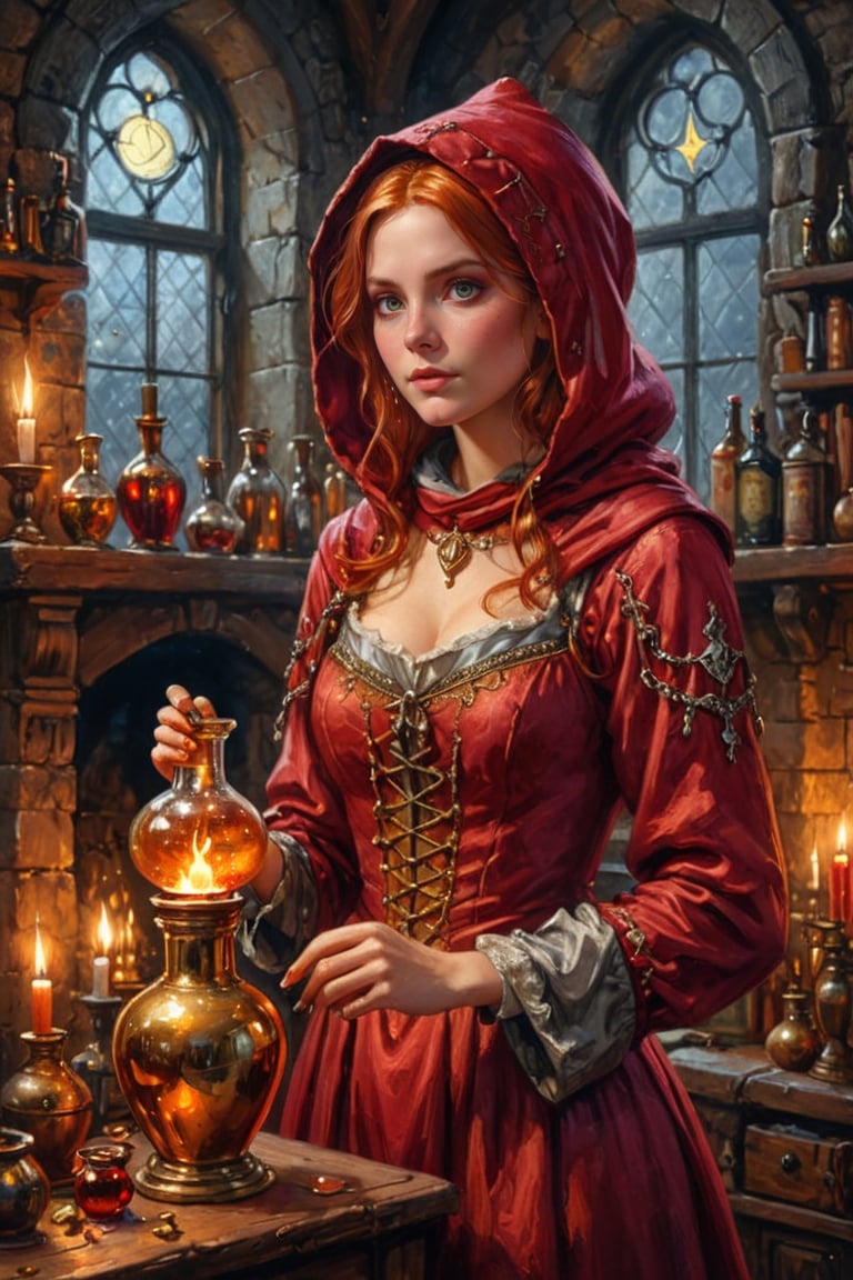 Photorealistic, Award Winning, Ultra Realistic, 8k, of a 20 years old good sweet witch preparing potions in her study. She has red copper hair and wears a medieval high-necked red dress with (hood:1.4) and tippet, richly silver embroidered. Medieval atmosphere. On background we see one stained glasses window moon lighting an old castle room, (some bright colored potion ampoules) on the shelves and a big (fireplace:1.4) lighting the room with a dark golden light. Masterpiece, ultra highly detailed, Dynamic Poses, Alluring, Amazing, Excellent, Detailed Face, Beautiful Symmetric Eyes, Heavenly, Very Refined, digital painting, art_booster