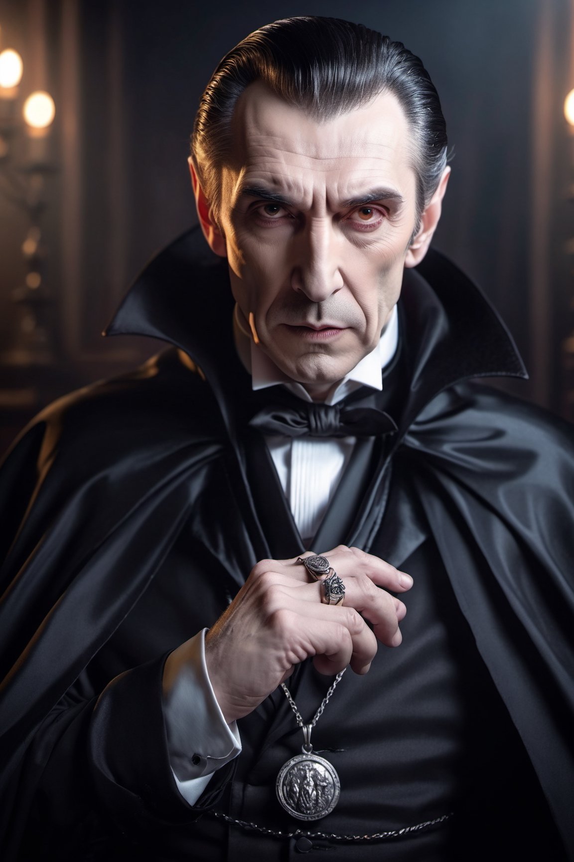 (((Count Dracula))), 60 year old man, intense and sinister look, silver finger rings, wearing black tuxedo and black cape, ribbon with (silver dragon pendant:0.8) around neck, Victorian age background, warm light, by Greg Rutkowski 