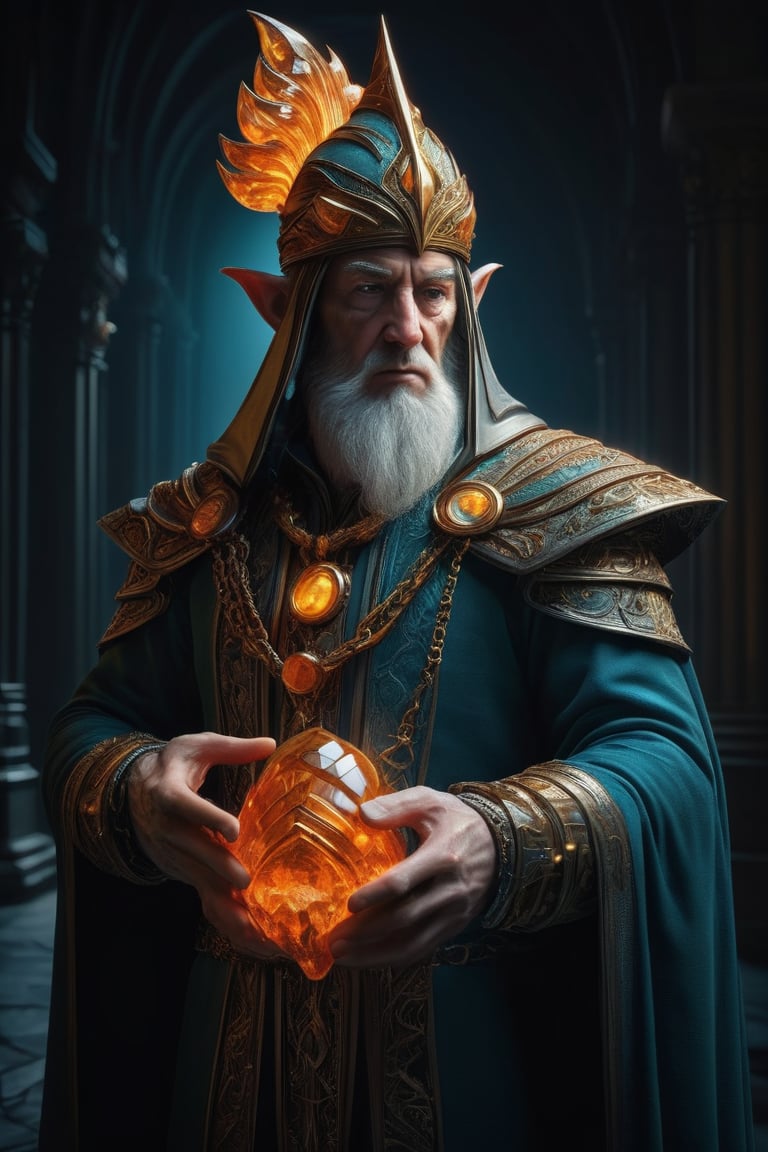 3D artwork, upper body shot of a caracter represesenting a mighty male elf. High elven hat shaped as a seashell, orange mantle, shining gold jewels and silver chains. (Majestic pose:1.4), (hieratic expression:1.6), emerging from the darkness in the style of Rembrandt. The caracter wears a teal and orange large luxury suit. The character is illuminated from the side by a dark golden light. Vibrant colors. The background is a black gothic cathedral interior dimly lit by moonlight. UHD, high resolution, 8k.