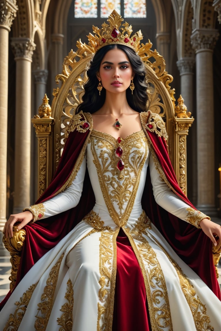 Detailed hyperrealistic full body shot of a female character named Sibyl represesenting a beautiful golden crowned princess. She is the most beautiful woman in the world and is (cinematically seated on an intricately carved high throne:1.6), inside a (gothic cathedral:1.6) with many (stained glasses:1.7). Sibyl has black hair, young looking smiling face, (shining black eyes:1.2), (symmetrical eyes:1.6), makeup, tender gaze. She wears white velvet dress, crystal and gold ornated, (rich baroque style jewels:1.8) adorned with (many rubies:1.6), green velvet (cape:1.4) lined with red silk, large  sleeves, wide skirt covering legs completely. (Masterpiece:1.8), golden line, intricate, elegant, highly detailed, (light particles:1.2), golden light, golden hour, sharp focus, 8k, canon eos 450D, crystalz,photo_b00ster