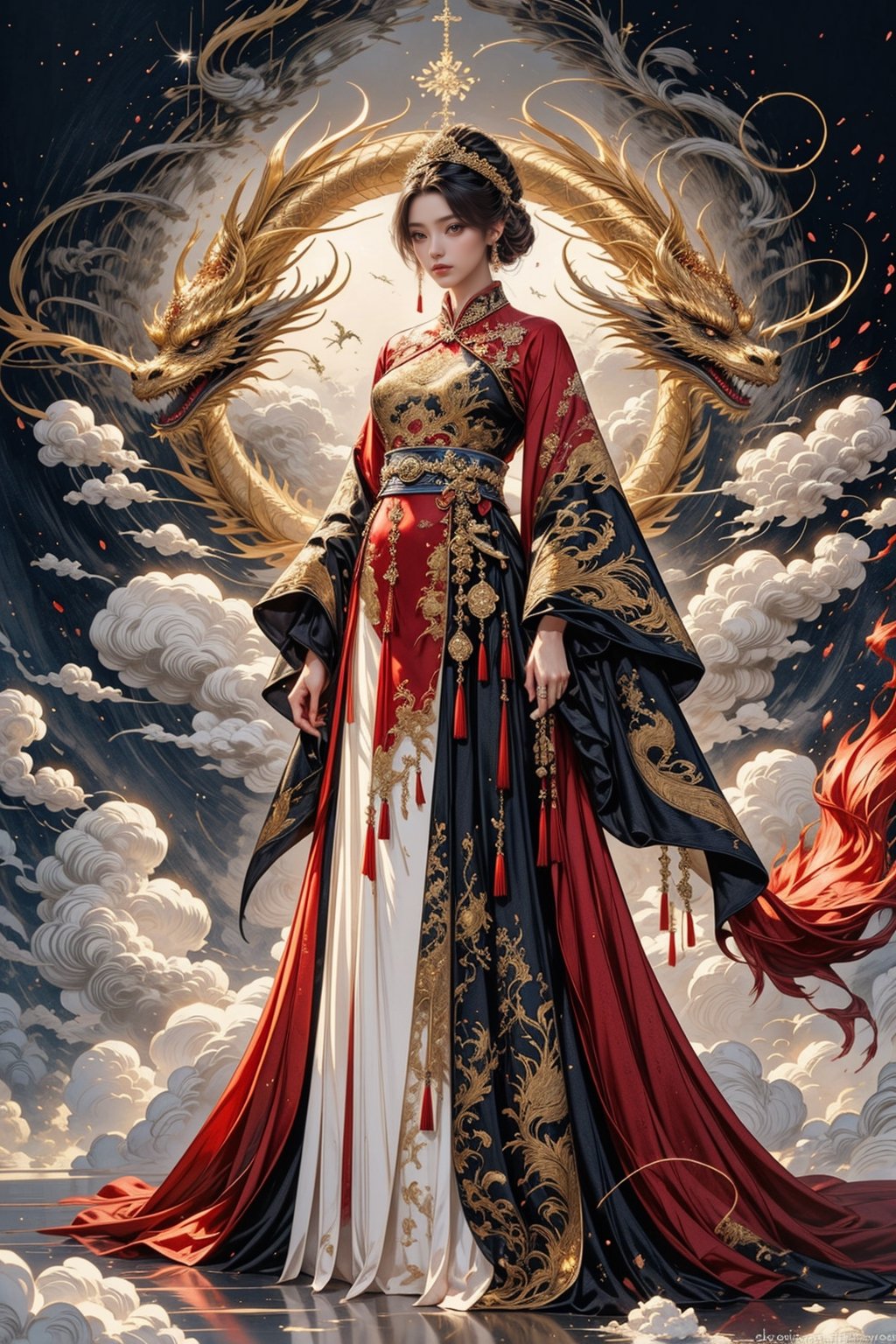 Full body shot of a character standing in majestic pose, hyper realistic representation of a fantasy chinese empress with the most sumptuous wedding hanfu dress made of black and (red:1.8) silk and richly embroidered with gold and silver threads, (wide sleeves:1.2), intricately carved golden badges and tassels, golden line, dark gothic cathedral background, fire and flame and clouds of smoke. Art by Yoshitaka Amano, Zhong Fenghua, stunning interpretive visual, gothic regal, colorful, realistic eyes, dreamy magical atmosphere, (film grain), (warm hue, warm tone), cinematic light, side lightings,zhongfenghua,horror (theme),dragon_aodai_nam,Angel,<lora:659111690174031528:1.0>
