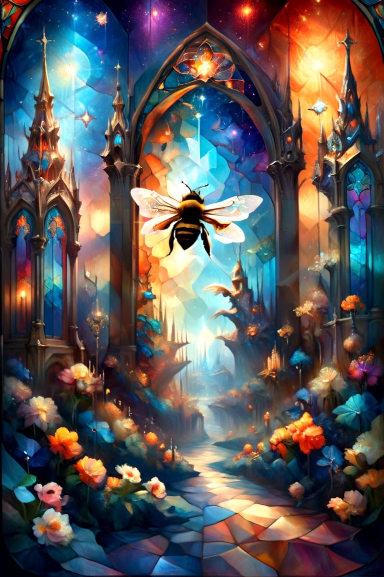 Gothic cathedral wi dow, 3 Bees, magical fantasy art is done in oil paint, liquid rainbow, (liquid honey, orange crystals:1.2), best quality, fairytale, patchwork, (stained glass:1.3), honeybee magic world, golden light, mystic enlightenment, storybook detailed illustration, cinematic, ultra highly detailed, tiny details, beautiful details, mystical, luminism, vibrant colors, complex background, (hexagonal pattern background:1.2), resolution hyperdetailed intricate liminal eerie precisionism, intricate background, art by Alphonse Mucha, Kinuko Y Craft,Flora,crystalz