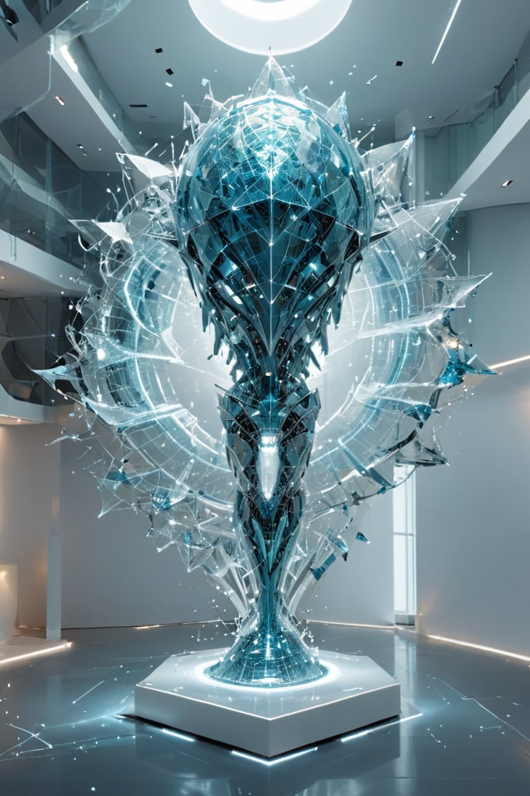 Front view of a museal sculpture displayed on a futuristic pedestal in the white room inside a futuristic museum. BREAK The artwork is (an amazing and captivating abstract sculpture:1.4), (trendwhore style:1.4), deconstructivism, shattered reality, glow, spark, (2004 aesthetics:1.2),(beautiful vector shapes:1.3), pale blue topaz theme. Abstract fractal AI generated shape, gradient background, sharp details. Highest quality, detailed and intricate, original artwork, trendy, vector art, vintage, award-winning, artint, LW. BREAK wide shot, sharp focus, bright white room,noc-wfhlgr