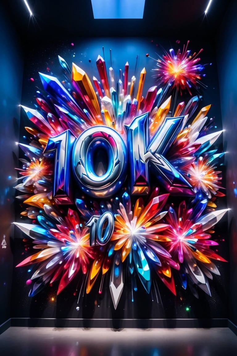 Front view of a 3D style graffiti museal artwork with the text "10K", displayed on the black wall of a futuristic museum. Bright colors, color fireworks, close shot. Text,crystalz