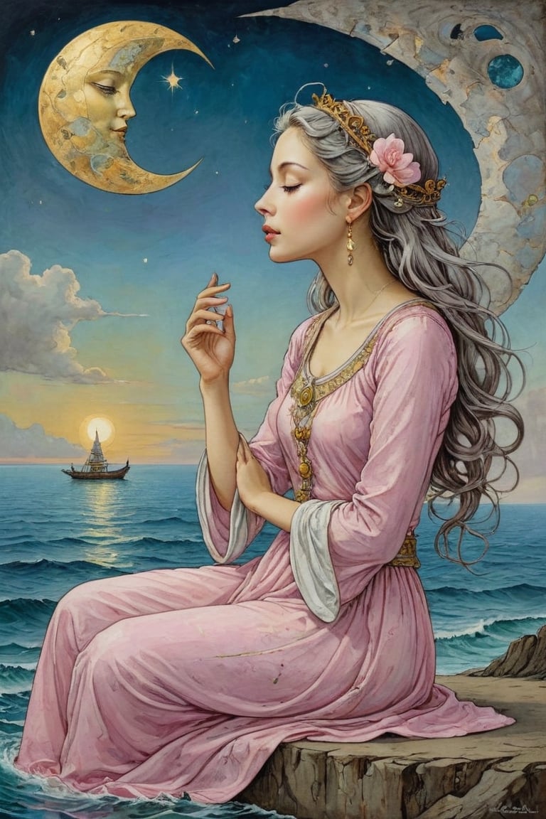 Art Nouveau style, Pale pink and white dressed girl conversing with the face of the crescent moon and meditating over the sea. Golden line, liquid silver, liquid rainbow, art on a cracked paper, ink paint. Whimsical art, pop surrealism, inspired by Gabriel Pacheco and Michael Cheval. Masterpiece, bizarre, hyper detailed, diaphanous, DonM0ccul7Ru57XL, on parchment,art_booster