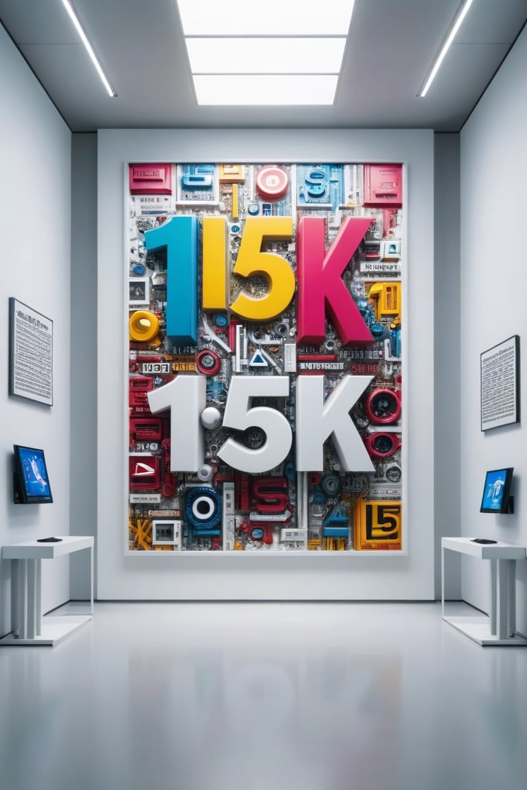 Front view of a futuristic museal artwork with the large text "15K", displayed on the white wall inside a futuristic museum. Bright colors, surrealist, close shot. ,dvr-txt
