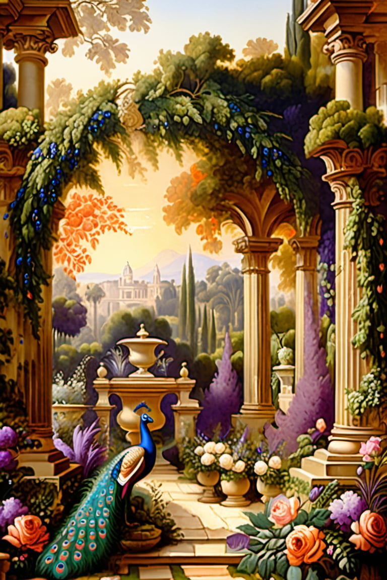 An ultra higly detailed ancient greenery garden with sumptuous masterpieces of topiary art. A masterpiece painted by Claude Lorrain, highly detailed leaves, purple flowers, red and orange roses and a (white peacock:1.4) at the center of the scene. Golden hour, romantic landscape,  Architectural100, on parchment