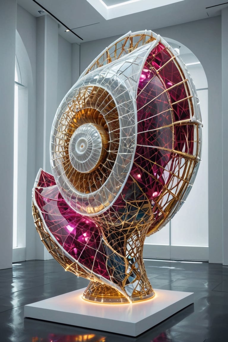 Front view of a museal sculpture displayed on a futuristic pedestal in the white room inside a futuristic museum. BREAK The artwork is an amazing and captivating glass abstract sculpture, with a sea nautilus shell, decorated with small rubies, (kinetic elements:1.4), glow, spark. Golden theme. Abstract fractal AI generated shape, sharp details, intricate and thick golden wireframes. Highest quality, detailed and intricate, original artwork, trendy, award-winning, artint, noc-wfhlgr, art_booster. BREAK wide shot, sharp focus, bright white room