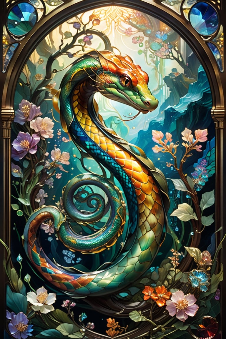 Chinese Lung snake, magical fantasy art is done in oil paint and liquid chrome, liquid rainbow, golden line, best quality,  fairytale, patchwork, (stained glass:1.2), storybook detailed illustration, cinematic, ultra highly detailed, tiny details, beautiful details, mystical, luminism, vibrant colors, complex background, resolution hyperdetailed intricate liminal eerie precisionism, intricate background, (dark luminescent:1.2) art by Alphonse Mucha,  Alan Lee, crystalz,shards,glass,crystalz